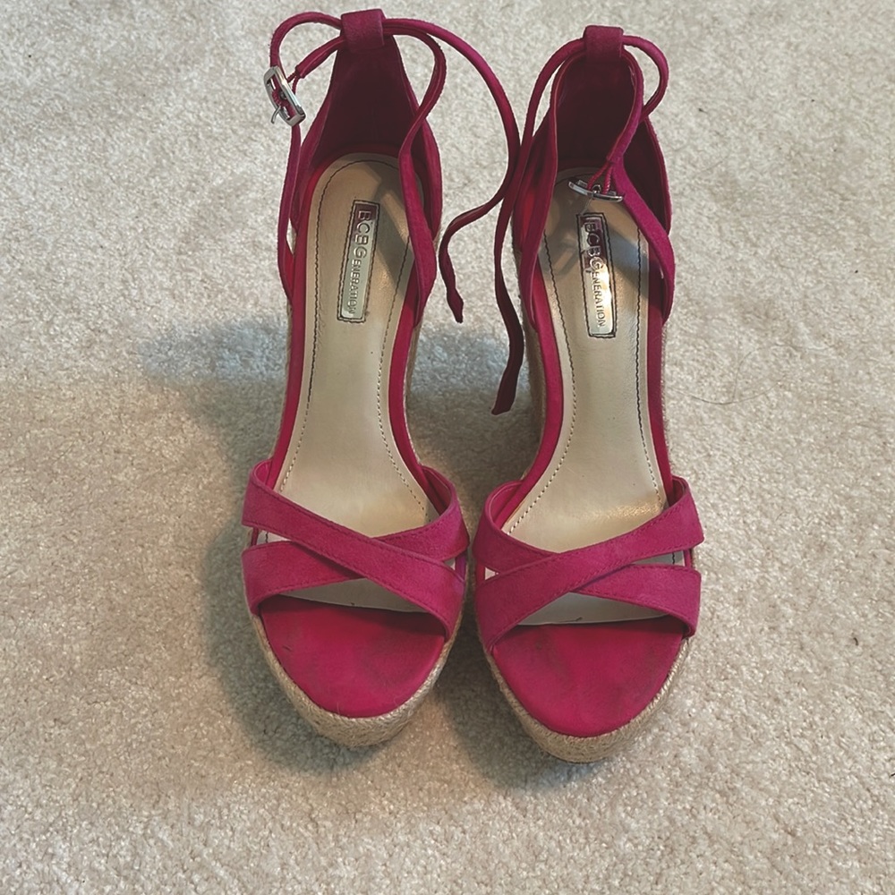 BCBG hot pink suede wedges